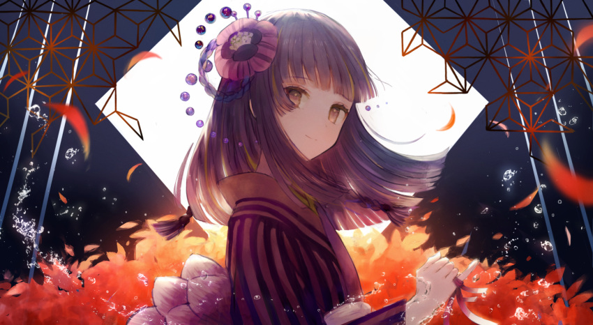 1girl air_bubble asa_no_ha_(pattern) autumn_leaves bangs blunt_bangs braid brown_eyes brown_hair bubble commentary_request flower from_side hair_flower hair_ornament hair_rings hair_stick highlights hime_cut japanese_clothes kimono long_hair long_sleeves motion_blur multicolored_hair original pabo petals pinky_out purple_hair red_string side_braid sidelocks smile solo string striped striped_kimono vertical_stripes water