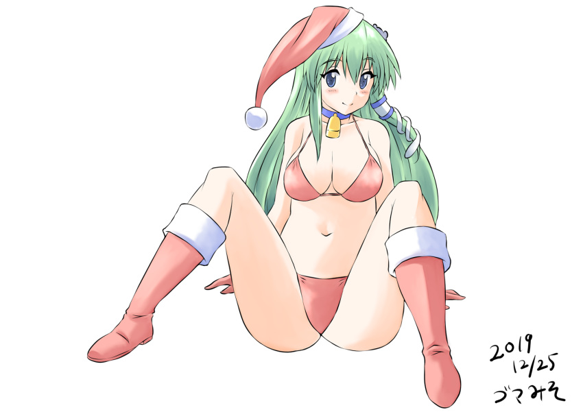 1girl bangs bare_arms bare_shoulders bell bell_choker bikini blue_choker blue_eyes boots breasts choker collarbone commentary dated eyebrows_visible_through_hair frog_hair_ornament full_body fur-trimmed_boots fur-trimmed_hat fur_trim gloves gomamiso_(gomamiso_sp) green_hair hair_between_eyes hair_ornament hair_tubes hat knee_boots kochiya_sanae large_breasts long_hair looking_at_viewer navel pom_pom_(clothes) red_bikini red_footwear red_gloves red_headwear santa_boots santa_hat simple_background sitting snake_hair_ornament solo spread_legs swimsuit touhou very_long_hair white_background