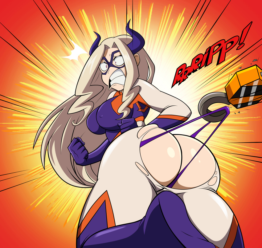 1girl absurdres ass bangs blonde_hair bodysuit boku_no_hero_academia breasts butt_crack clenched_teeth covered_nipples crane curvy domino_mask giantess gloves grimphantom highres hip_focus hook horns huge_filesize large_breasts mask mount_lady purple_eyes skin_tight solo teeth thick_thighs thighs thong torn_bodysuit torn_clothes wedgie wide_hips