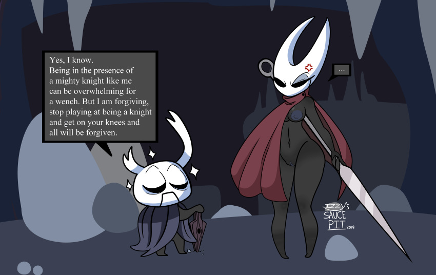 absurd_res arthropod black_body breasts female hi_res hollow_knight hornet_(hollow_knight) insect male pussy saucepit_(artist) size_difference smaller_male superabsurd_res thick_thighs weapon zote