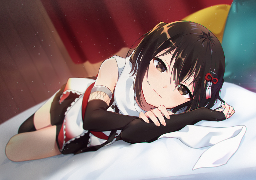 bed brown_eyes brown_hair ica kantai_collection sendai_(kancolle) thighhighs