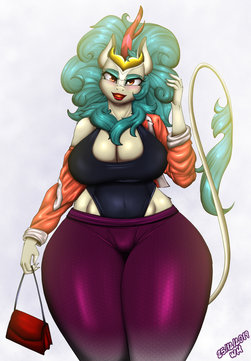 2019 absurd_res anthro anthrofied asian_mythology big_breasts blush breasts brown_eyes chinese_mythology cleavage clothed clothing east_asian_mythology eyeshadow female friendship_is_magic green_eyeshadow green_hair hair hi_res horn kirin leotard lipstick makeup my_little_pony mythology purse queen_rain_shine_(mlp) red_lipstick shiny solo thick_thighs tight_clothing wide_hips wolfmask