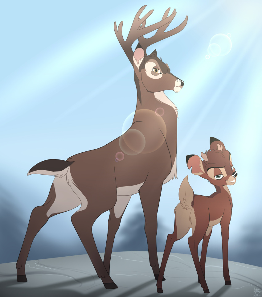 absurd_res bambi_(film) brown_body brown_fur cervid cub disney father father_and_child father_and_son fur green_eyes hi_res looking_back male mammal namygaga parent parent_and_child rapaz_(oc) ronno smile son yellow_eyes young