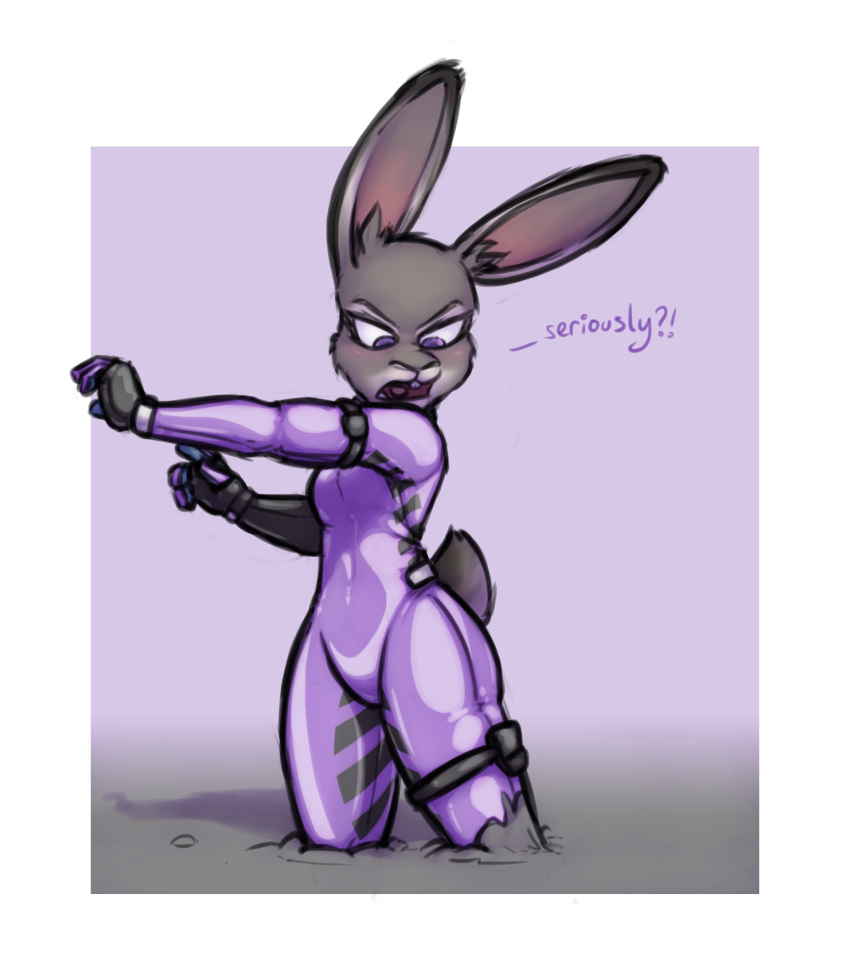 2019 absurd_res cement clothing dialogue disney english_text female hi_res judy_hopps krd lagomorph leporid mammal purple_eyes rabbit rubber skinsuit stuck text tight_clothing wet_cement zootopia