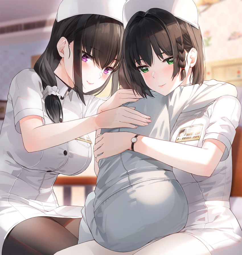 1boy 2girls age_difference ass bangs bed black_hair black_legwear blurry blurry_background blush braid breasts brown_hair child commentary_request dress eyebrows_visible_through_hair green_eyes hair_behind_ear hair_intakes hat highres hug id_card indoors kfr large_breasts multiple_girls nurse nurse_cap on_bed original pantyhose ponytail purple_eyes scrunchie short_dress short_sleeves side_braid sitting sitting_on_bed sitting_on_lap sitting_on_person smile wall watch white_dress white_headwear white_legwear white_scrunchie wristwatch