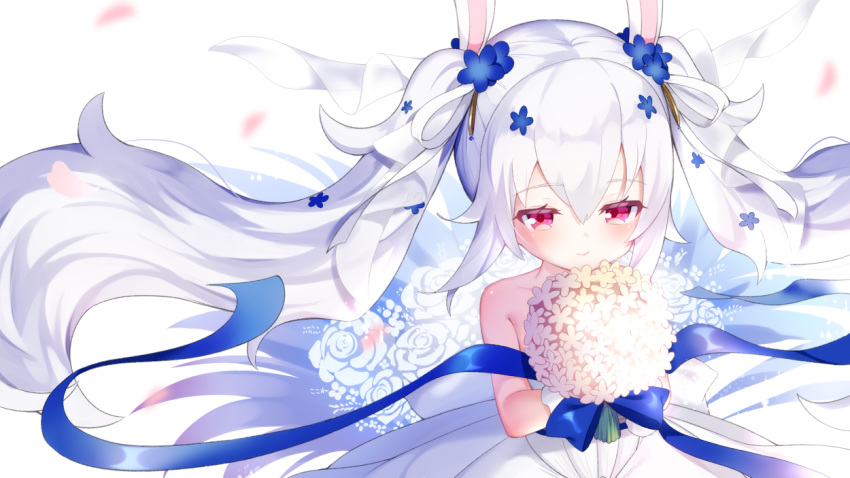 1girl animal_ears azur_lane blue_bow blue_flower bouquet bow bunny_ears closed_mouth commentary_request dress flower gloves hair_flower hair_ornament hair_ribbon holding holding_bouquet koko_ne_(user_fpm6842) laffey_(azur_lane) laffey_(white_rabbit's_oath)_(azur_lane) long_hair petals red_eyes ribbon rose smile solo strapless strapless_dress twintails upper_body very_long_hair white_dress white_flower white_gloves white_hair white_ribbon white_rose