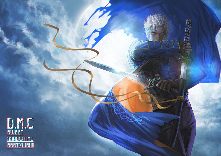 1boy black_pants blue_coat coat devil_may_cry devil_may_cry_3 dual_wielding epic et.m force_edge_(dmc) gloves holding katana male_focus open_clothes open_coat pants serious silver_hair solo sword trench_coat vergil weapon white_hair