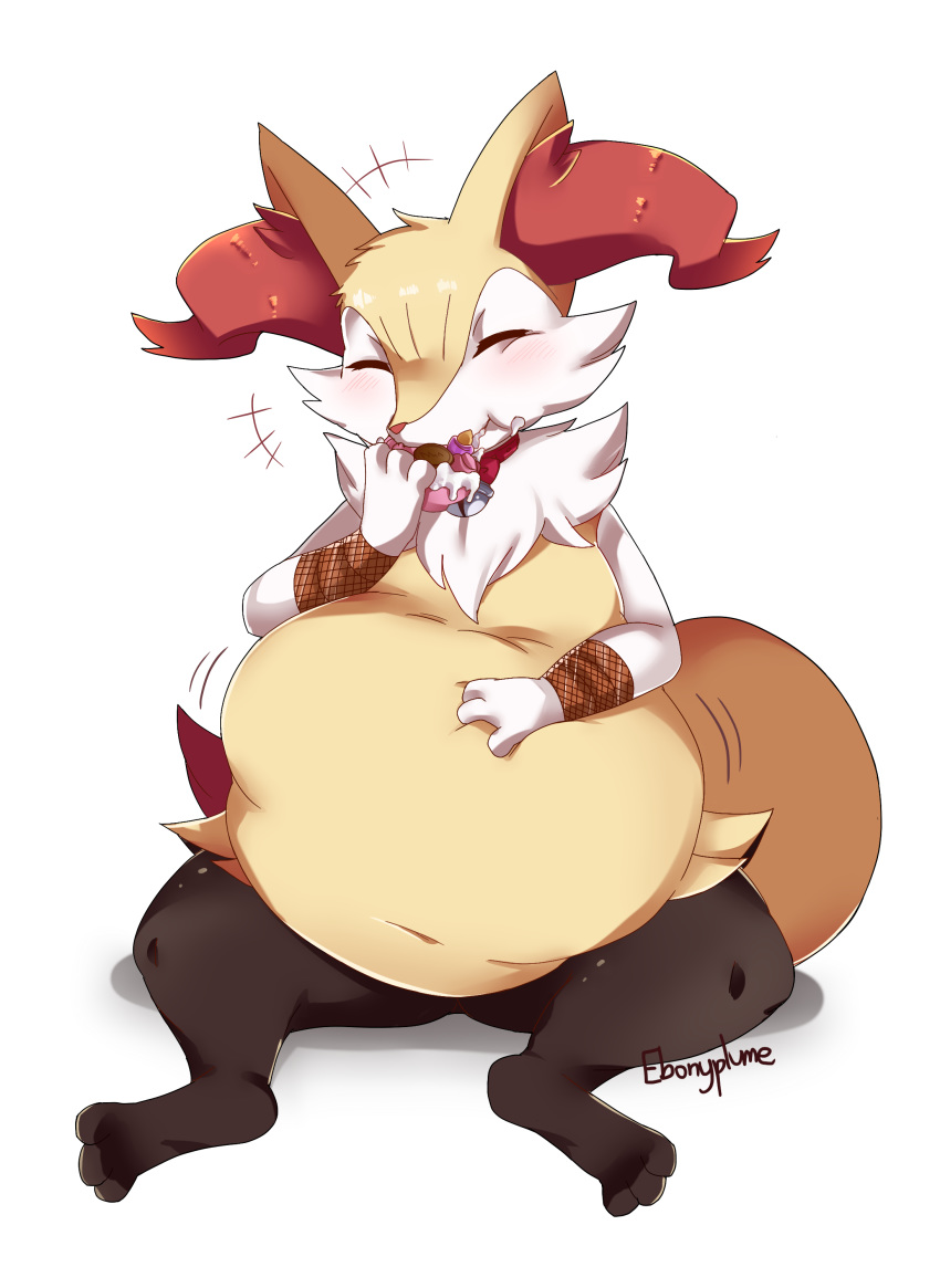 absurd_res ambiguous_gender belly belly_fondling big_belly blush braixen conditional_dnp eating ebonyplume food happy hi_res holding_food holding_object navel nintendo obese overweight pok&eacute;mon pok&eacute;mon_(species) simple_background sitting solo video_games white_background