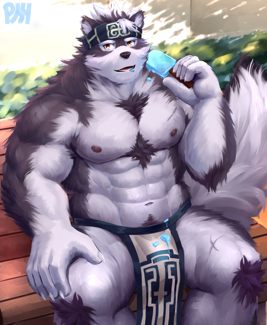 2019 abs absurd_res accessory amber_eyes bench body_hair bulge canid canine canis chest_fur chest_hair clothing food headband hi_res horkeukamui light loincloth male mammal muscular muscular_male nipples obliques open_mouth open_smile pecs physen popsicle smile solo sunlight tokyo_afterschool_summoners video_games wolf