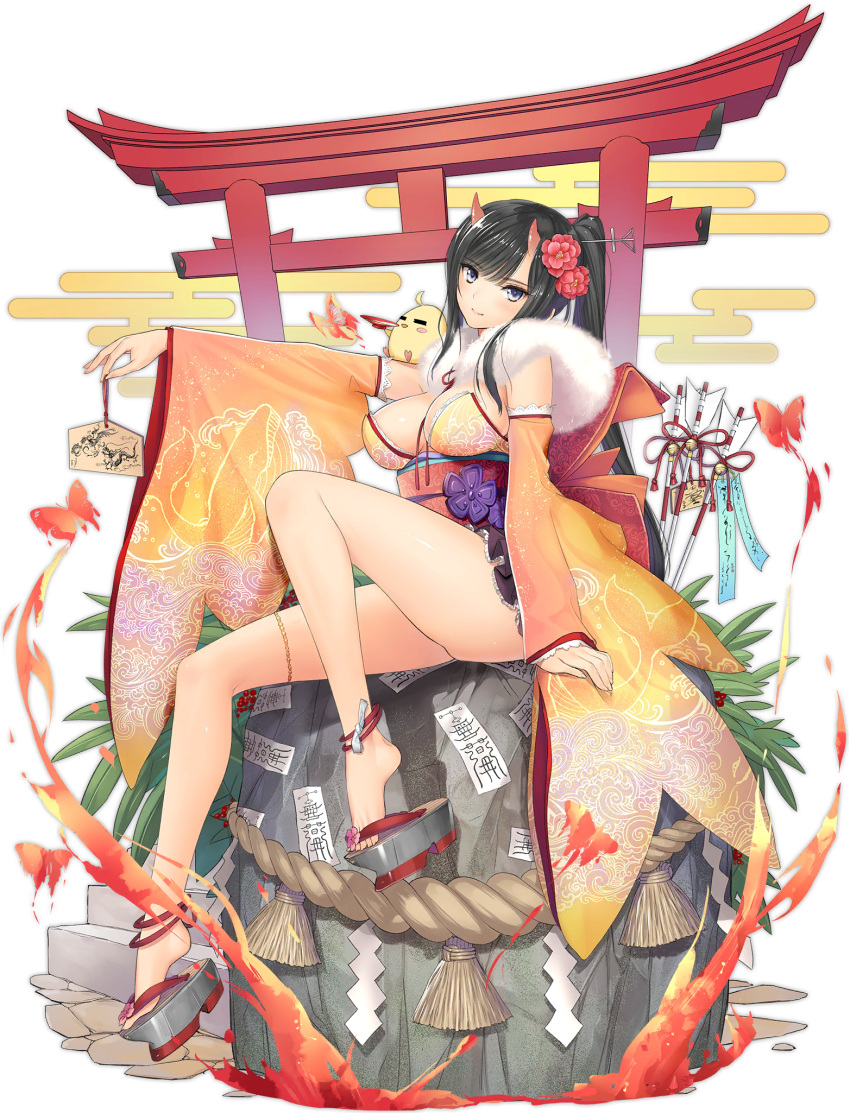1girl arrow ass azur_lane bare_shoulders bird black_hair breasts bug butterfly chick cleavage detached_sleeves egasumi ema flower fur_collar hair_flower hair_ornament hamaya head_tilt highres holding insect japanese_clothes kimono knee_up large_breasts long_hair long_sleeves looking_at_viewer manjuu_(azur_lane) new_year obi official_art ofuda oni_horns outstretched_arm platform_footwear ponytail red_flower rope ryuuhou_(azur_lane) ryuuhou_(firebird's_new_year_dance)_(azur_lane) sash shide sitting smile solo tanaka_takayuki thighs torii transparent_background very_long_hair wide_sleeves yellow_kimono