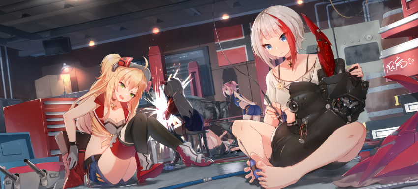 admiral_graf_spee_(azur_lane) admiral_hipper_(azur_lane) anthropomorphism azur_lane barefoot garter_belt gloves hato_haru long_hair short_hair shorts tagme_(character) waifu2x