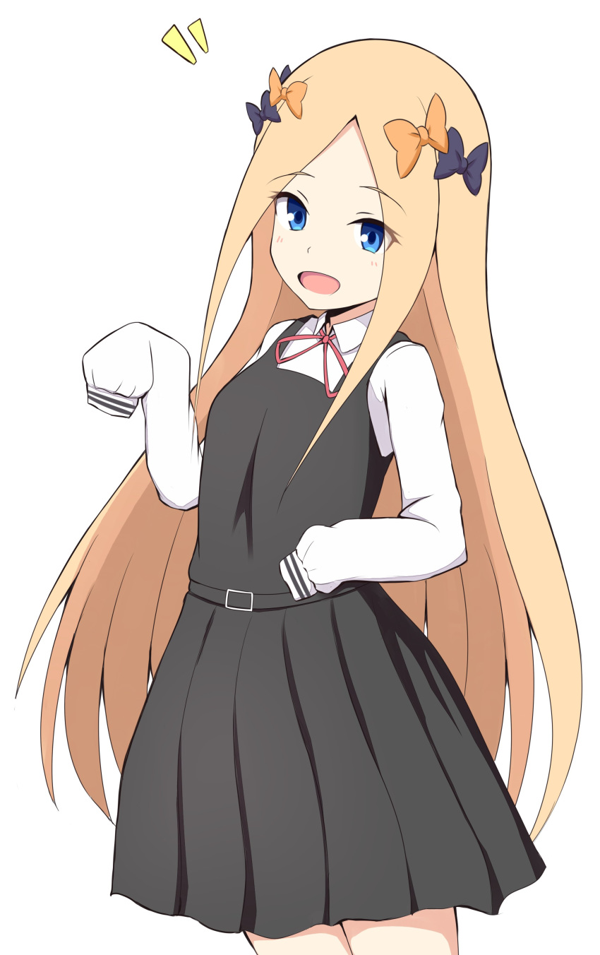 1girl abigail_williams_(fate/grand_order) absurdres bangs black_bow black_dress blonde_hair blue_eyes blush bow commentary_request dress eyebrows_visible_through_hair fate/grand_order fate_(series) hair_bow highres long_hair long_sleeves looking_at_viewer mitchi orange_bow parted_bangs red_ribbon ribbon shirt simple_background sleeves_past_fingers sleeves_past_wrists solo very_long_hair white_background white_shirt