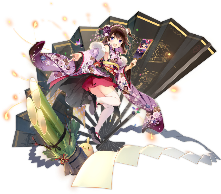 1girl :d alternate_costume armpits azur_lane bamboo bird blush breasts brown_hair chick detached_sleeves fan floral_print flower folding_fan fur_trim hagoita hair_flower hair_ornament highres holding japanese_clothes kimono long_sleeves looking_at_viewer manjuu_(azur_lane) medium_breasts new_year obi official_art open_mouth outstretched_arm paddle purple_eyes purple_kimono red_skirt rose sakura_koharu sandals sash shide skirt smile solo thighhighs transparent_background two_side_up white_legwear wide_sleeves z35_(azur_lane) z35_(projekt_kirschblute)_(azur_lane) z36_(azur_lane) zettai_ryouiki