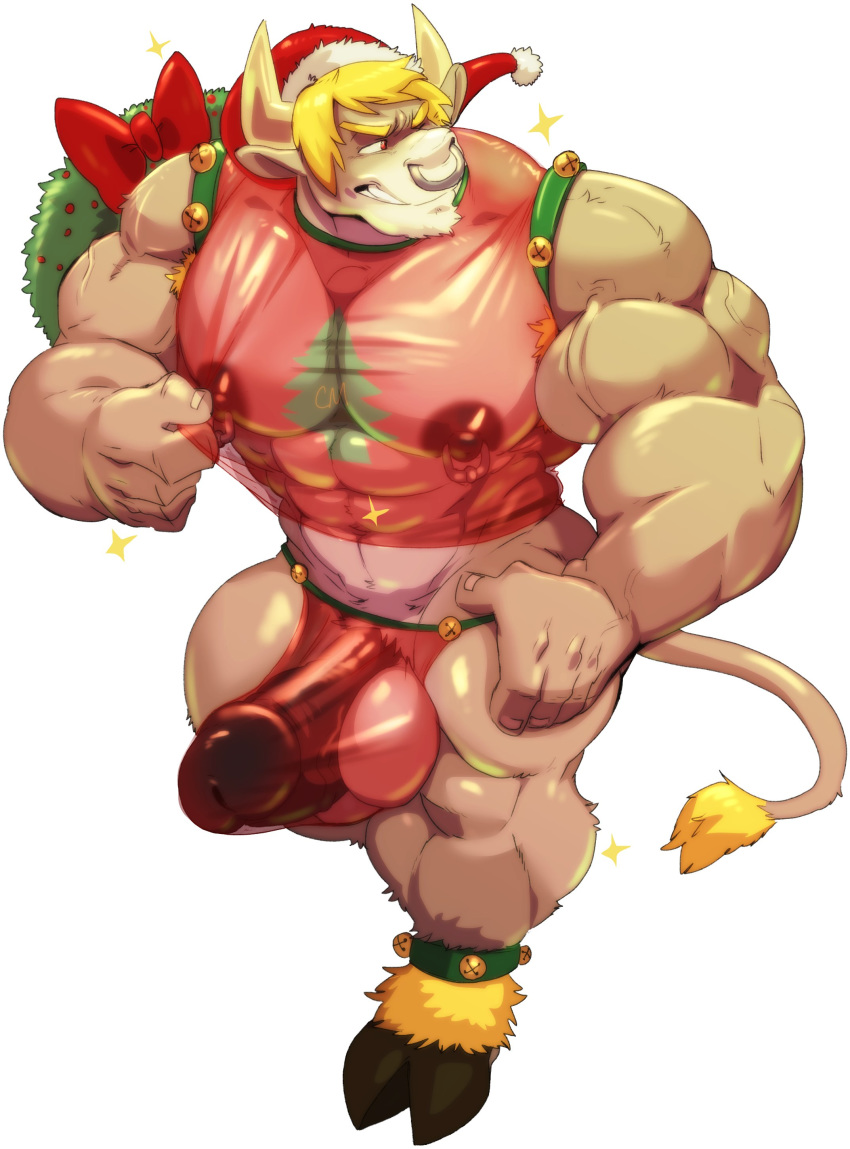 2019 5_fingers abs absurd_res anthro biceps big_muscles big_penis blonde_hair bovid bovine cattle christmas clothing cursedmarked erection facial_piercing fingers fur hair hat headgear headwear hi_res holidays hooves horn huge_ball huge_muscles huge_penis male mammal muscular muscular_arms muscular_male muscular_thighs nipple_piercing nipples nose_piercing nose_ring pecs penis piercing red_eyes santa_hat shirt simple_background solo sparkles standing tan_body tan_fur tank_top thong topwear translucent translucent_clothing underwear veiny_muscles white_background zato