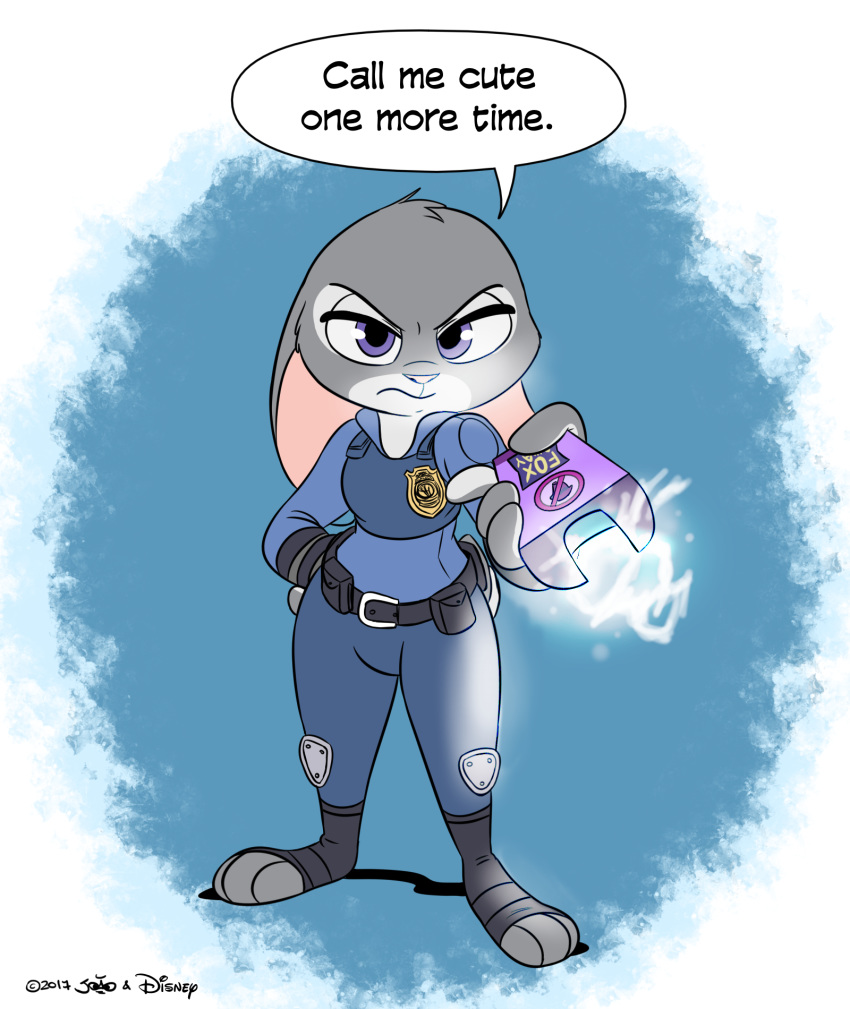 2017 3_toes annoyed anthro belt blue_background border clothed clothing dialogue disney electroshock_weapon english_text female fully_clothed fur grey_body grey_fur head_tuft hi_res holding_object holding_weapon joaoppereiraus judy_hopps lagomorph leporid long_ears mammal police_uniform purple_eyes rabbit signature simple_background solo speech_bubble taser text toes tuft uniform weapon white_border zootopia