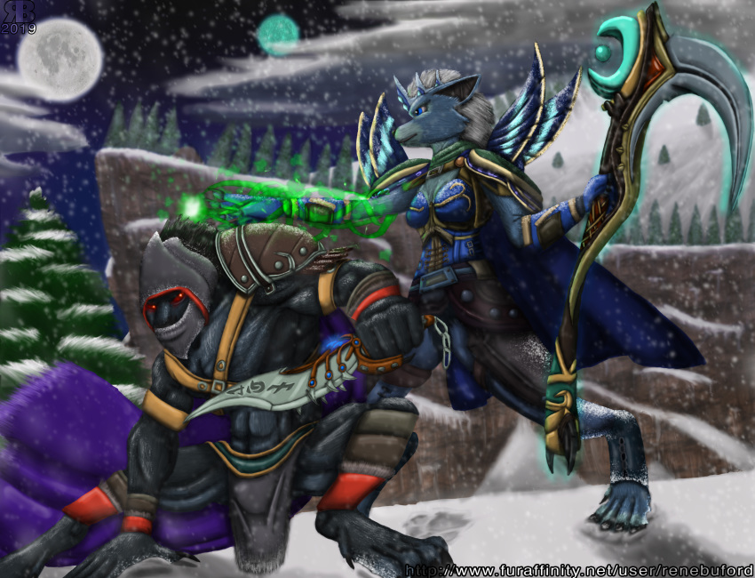 2019 5_fingers anthro blizzard_entertainment canid canine canis cape christmas claws cloak clothed clothing digital_media_(artwork) druid duo fantasy female fingers fur hair hi_res holding_object holding_weapon holidays humanoid knife magic magic_user male mammal melee_weapon mother mother_and_child mother_and_son outside parent parent_and_child polearm rene_buford scythe snow son standing tree tribal_spellcaster video_games warcraft weapon were werecanid werecanine werewolf wolf worgen