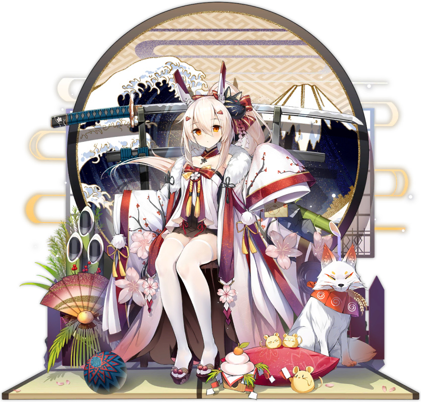 1girl animal ayanami_(azur_lane) ayanami_(pulse_of_the_new_year)_(azur_lane) azur_lane ball bamboo bare_shoulders black_skirt blonde_hair blurry bow detached_collar fan fine_art_parody fox fox_mask fur_collar hair_bow hair_ornament japanese_clothes katana long_hair long_sleeves looking_at_viewer mask mask_on_head miniskirt mountain mouse new_year nihonga official_art ootsuki_momiji open_clothes orange_eyes oversized_clothes parody pillow pleated_skirt ponytail sitting skirt sleeves_past_fingers sleeves_past_wrists solo sword thighhighs transparent_background waves weapon white_legwear wide_sleeves zettai_ryouiki zouri
