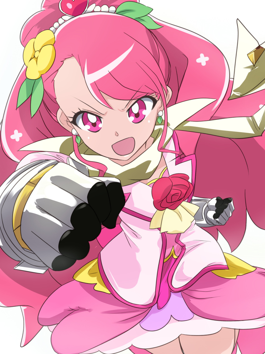 1girl :o absurdres angry clenched_hand commentary cowboy_shot crossover cure_grace earrings flower gloves hair_bun hair_flower hair_ornament hanadera_nodoka healin'_good_precure heart heart_hair_ornament highres jewelry long_hair looking_at_viewer magical_girl mashitono_desu open_mouth pink_eyes pink_hair pink_skirt precure red_flower red_rose rose scarf seiyuu_connection senki_zesshou_symphogear simple_background skirt solo white_background yuuki_aoi