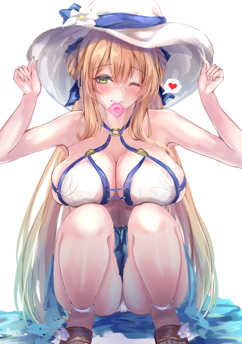 1girl absurdres adjusting_clothes adjusting_hat bikini blonde_hair breasts condom condom_in_mouth condom_wrapper flower girls_frontline green_eyes hat hat_flower hat_ribbon heart highres knees_up large_breasts m1903_springfield_(girls_frontline) martinreaction mouth_hold o-ring o-ring_bikini one_eye_closed panties pantyshot ribbon sandals simple_background smile speech_bubble squatting swimsuit teeth thighs underwear white_background white_bikini white_headwear