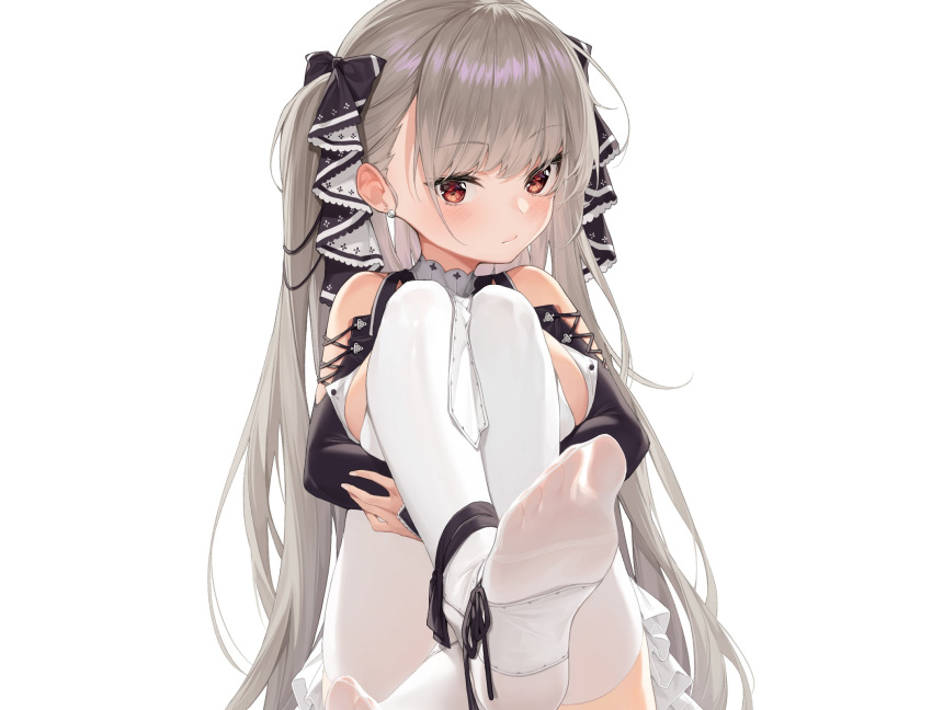 anthropomorphism azur_lane blush bow breasts close cropped formidable_(azur_lane) goth-loli gray_hair lolita_fashion long_hair mokew red_eyes thighhighs twintails white