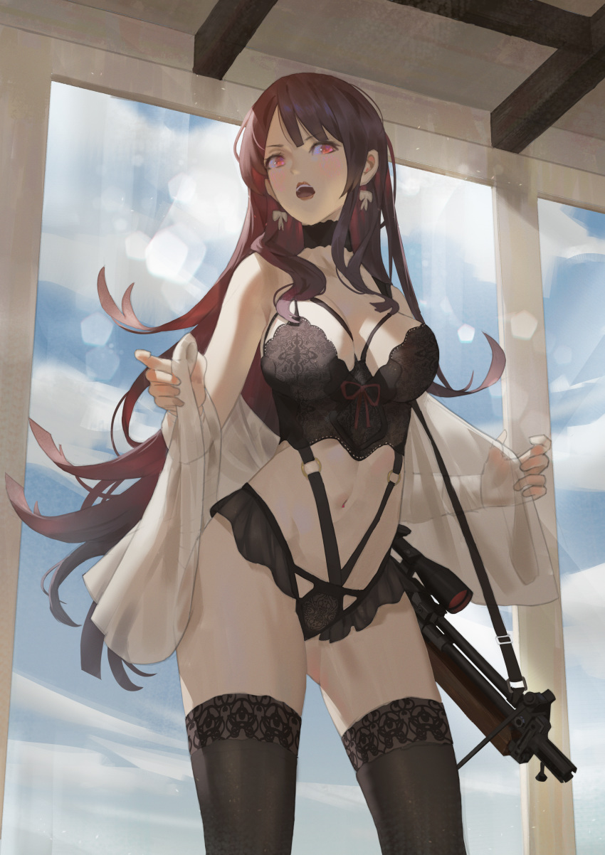 1girl absurdres bangs bipod black_choker black_legwear blush breasts bullpup choker cirilla earrings girls_frontline gun highres huge_filesize indoors jewelry large_breasts lingerie long_hair looking_at_viewer navel open_mouth purple_hair red_eyes rifle sniper_rifle solo stomach underwear underwear_only undressing very_long_hair wa2000_(girls_frontline) walther walther_wa_2000 weapon
