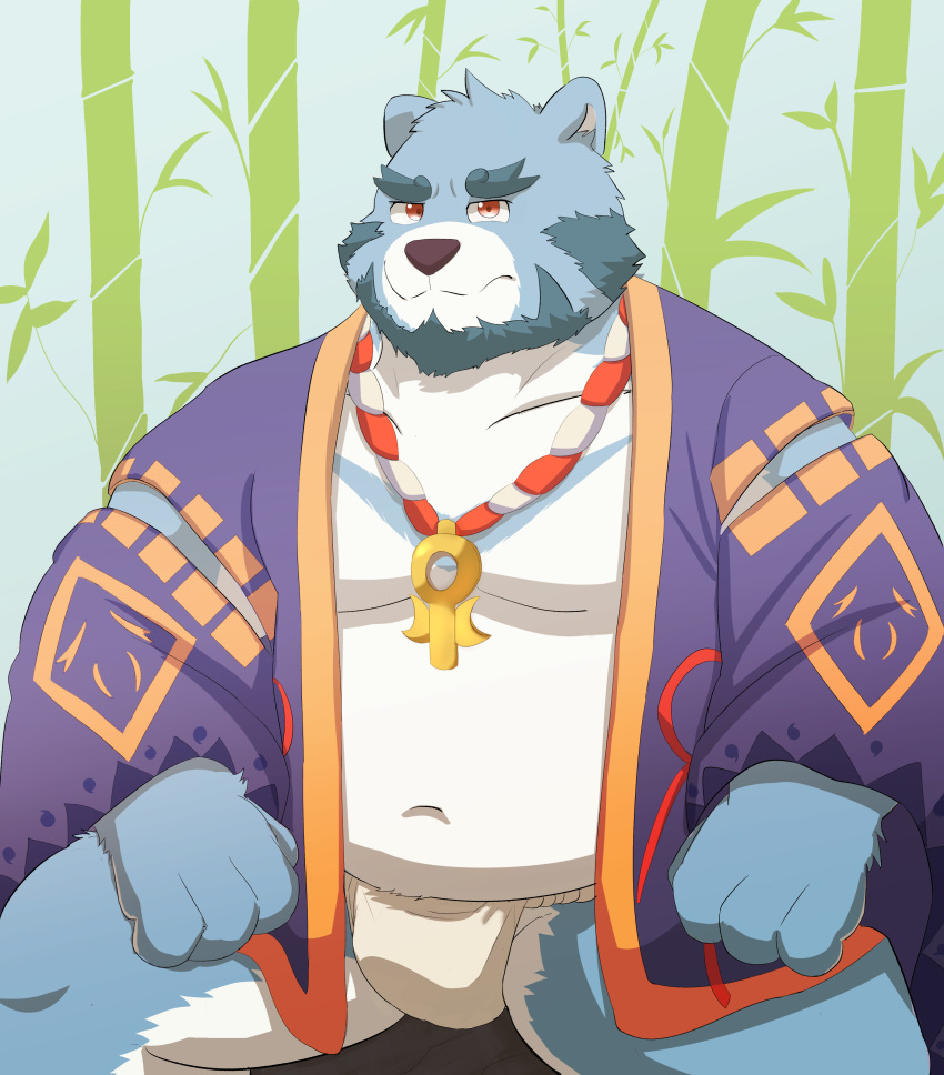 2019 absurd_res anthro asian_clothing belly blue_body blue_fur bulge clothing dasoowolf east_asian_clothing fundoshi fur hi_res humanoid_hands japanese_clothing male mammal moobs navel overweight overweight_male robe sitting solo underwear ursid white_body white_fur 全兽出击 十泉介