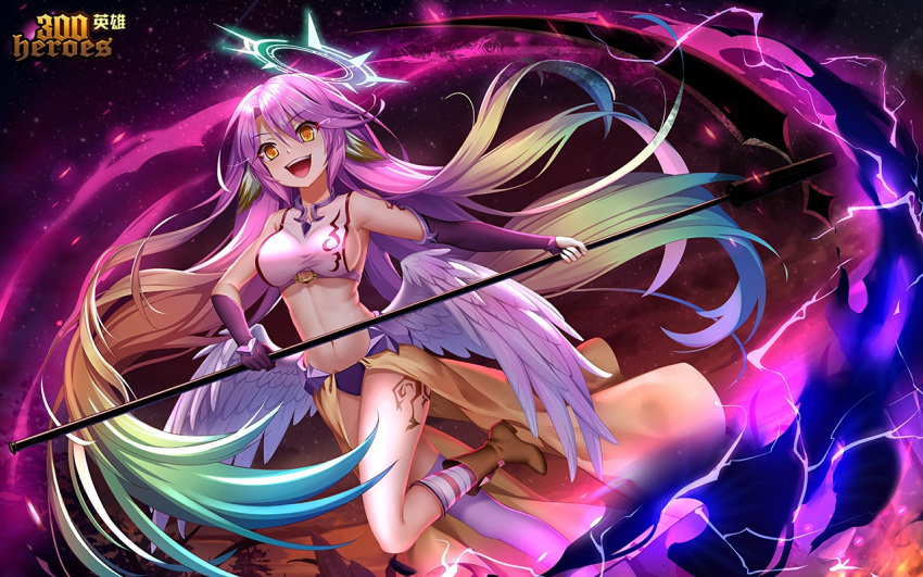 1girl 300_heroes angel_wings breasts bridal_gauntlets crop_top evil_smile feathered_wings gloves gradient_hair halo holding holding_scythe holding_weapon jibril_(no_game_no_life) large_breasts long_hair low_wings magic_circle midriff mismatched_legwear multicolored multicolored_eyes multicolored_hair navel no_game_no_life open_mouth orange_eyes pink_hair scythe sideboob smile solo tattoo very_long_hair weapon white_wings wing_ears wings yellow_eyes yue_xiao_e