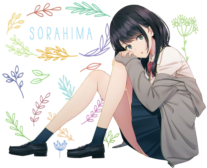 black_hair green_eyes hoodie hyuuga_azuri original school_uniform short_hair skirt socks white