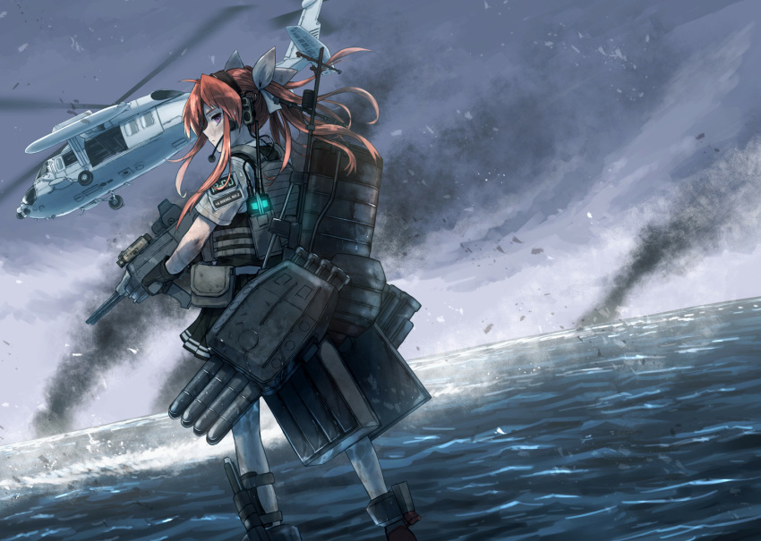 1girl aircraft bangs black_gloves black_skirt closed_mouth didloaded gloves hair_ribbon headphones headset helicopter holding kagerou_(kantai_collection) kantai_collection long_hair machinery ocean orange_hair outdoors pantyhose pleated_skirt pouch profile purple_eyes ribbon rigging shirt short_sleeves sidelocks skirt sky smoke solo standing torpedo torpedo_tubes vest water white_legwear