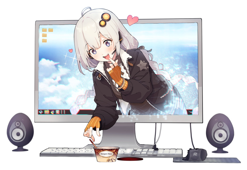 1girl absurdres ahoge black_coat black_dress blue_eyes braid brand_name_imitation cable cloud cloudy_sky coat commentary desktop dress drooling elbow_gloves finger_to_mouth fingerless_gloves food gloves haagen-dazs hair_ornament heart highres ice_cream ice_cream_cup ice_cream_spoon keyboard_(computer) kizuna_akari leaning_forward lid light_blush long_hair looking_down monitor mouse_(computer) mousepad mouth_drool open_mouth orange_gloves shirinda_fureiru silver_hair sky smile sparkle sparkling_eyes speaker spoon star star_print through_screen twin_braids upper_body vocaloid voiceroid white_background wristband