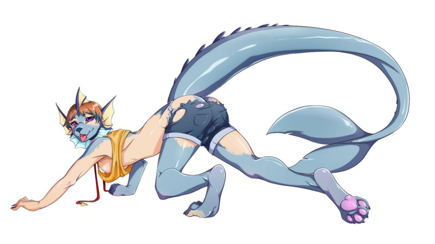 16:9 all_fours anthro blue_body blue_skin bottomwear breasts brown_hair butt claws clothing digitigrade dront ear_fins eeveelution feet female fin finger_claws grey_bottomwear grey_clothing grey_shorts gym_leader hair head_fin human_to_anthro long_tail looking_at_viewer mid_transformation midriff misty_(pok&eacute;mon) nintendo nipples open_mouth pawpads pink_pawpads pok&eacute;mon pok&eacute;mon_(species) purple_eyes shirt short_hair shorts side_boob species_transformation tan_body tan_skin tank_top thick_tail toe_claws tongue tongue_out topwear torn_bottomwear torn_clothing torn_shorts transformation vaporeon video_games wardrobe_malfunction yellow_tank_top