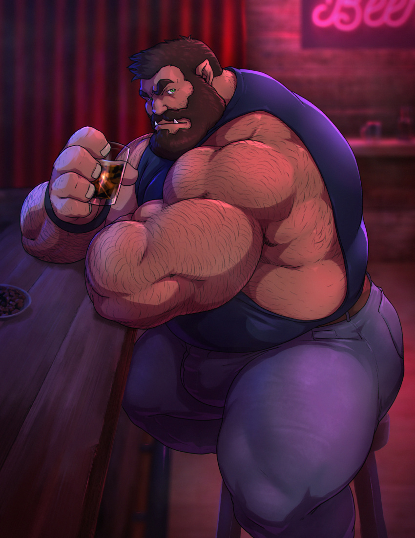 2019 5_fingers absurd_res alcohol bar beard belt beverage big_bulge big_muscles black_hair bottomwear bulge clothing facial_hair fingers green_eyes grisser hair hairy hairy_arms hi_res huge_muscles humanoid humanoid_pointy_ears jeans looking_at_viewer male muscular muscular_male mustache orc orc_humanoid pants shirt sitting solo tan_body tan_skin tank_top tight_clothing topwear tusks
