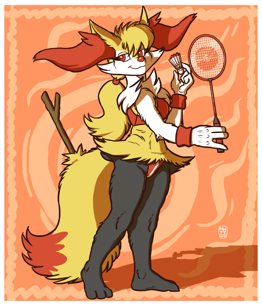 2019 absurd_res anthro badminton_racket biped black_body black_fur border braixen breasts clothed clothing female full-length_portrait fur hi_res holding_object holding_racket megawolf77 multicolored_body multicolored_fur nintendo pok&eacute;mon pok&eacute;mon_(species) portrait racket red_body red_fur shuttlecock smile solo standing video_games white_body white_border white_fur yellow_body yellow_fur