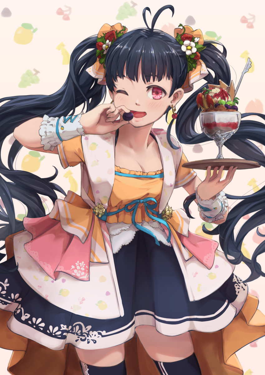 1girl ;d absurdres ahoge black_hair black_legwear blue_ribbon breasts cherry_earrings cleavage earrings eating food food_themed_earrings food_themed_hair_ornament fruit fruit_background hair_ornament highres jewelry long_hair looking_at_viewer one_eye_closed open_mouth original parfait parfaith pink_eyes ribbon simple_background smile solo spoon strawberry_hair_ornament thighhighs tray twintails