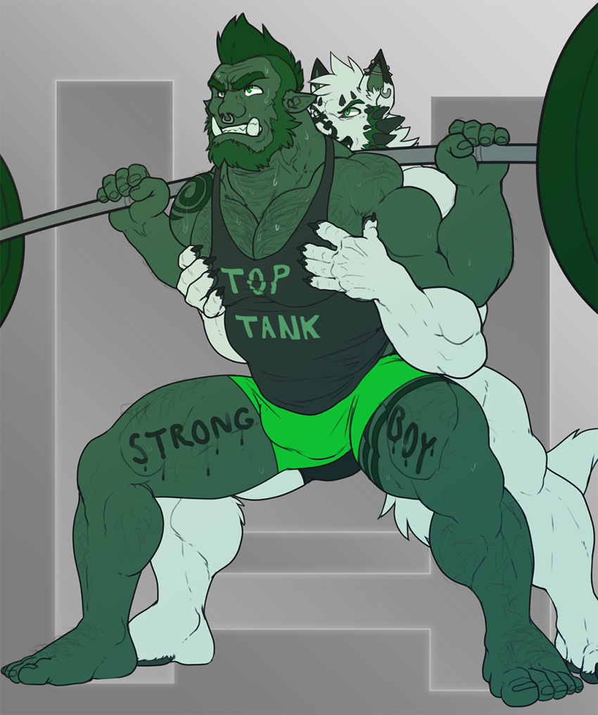 2018 5_fingers 5_toes anthro aruk big_muscles bodily_fluids body_hair bottomwear bulge canid canine canis chest_hair clothing duke_(nightterror) duo ear_piercing ear_ring exercise facial_piercing fingers fur green_body green_skin hairy hi_res humanoid male male/male mammal muscular muscular_male nightterror nose_piercing nose_ring orc orc_humanoid pawpads piercing plantigrade restricted_palette shirt shorts sweat tank_top tattoo text toes topwear veiny_muscles weightlifting white_body white_fur wolf workout