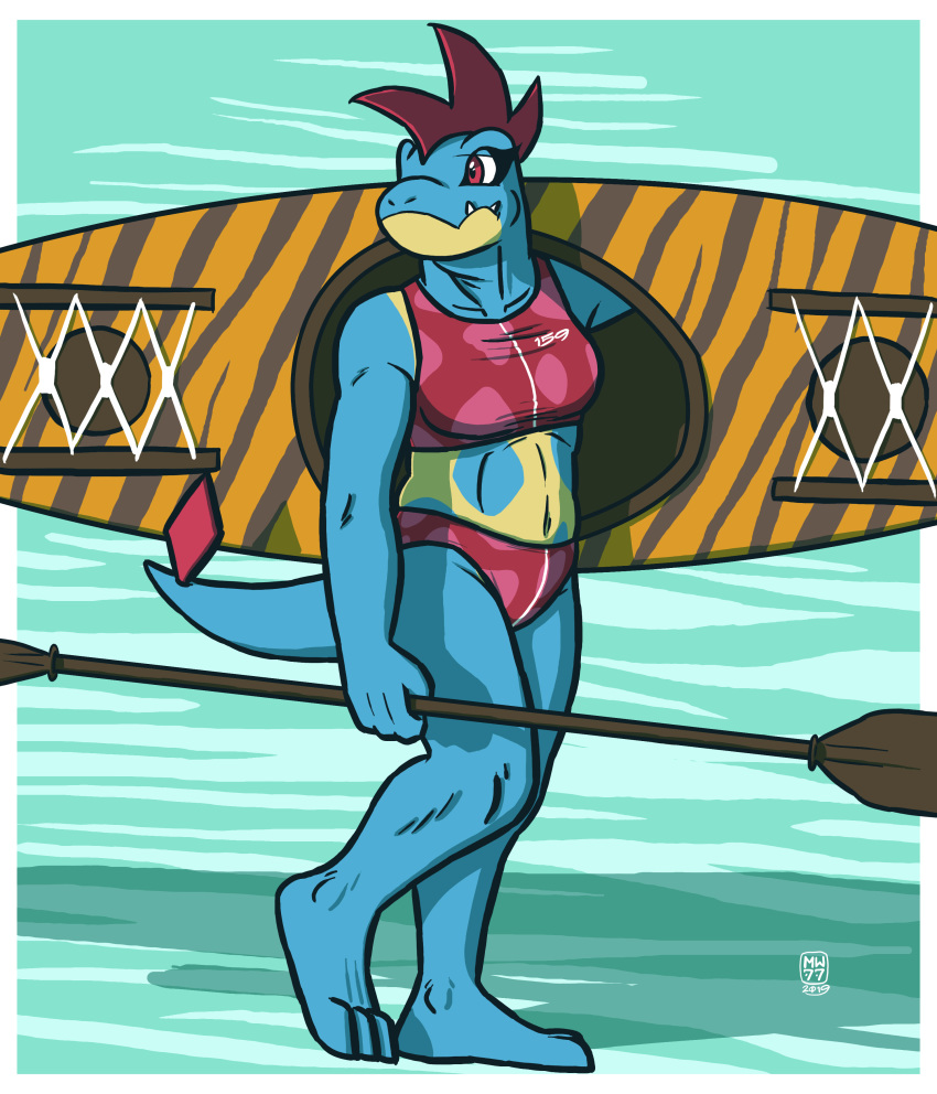 2019 absurd_res anthro blue_body breasts clothed clothing croconaw female hi_res holding_object megawolf77 midriff nintendo pok&eacute;mon pok&eacute;mon_(species) solo teeth video_games