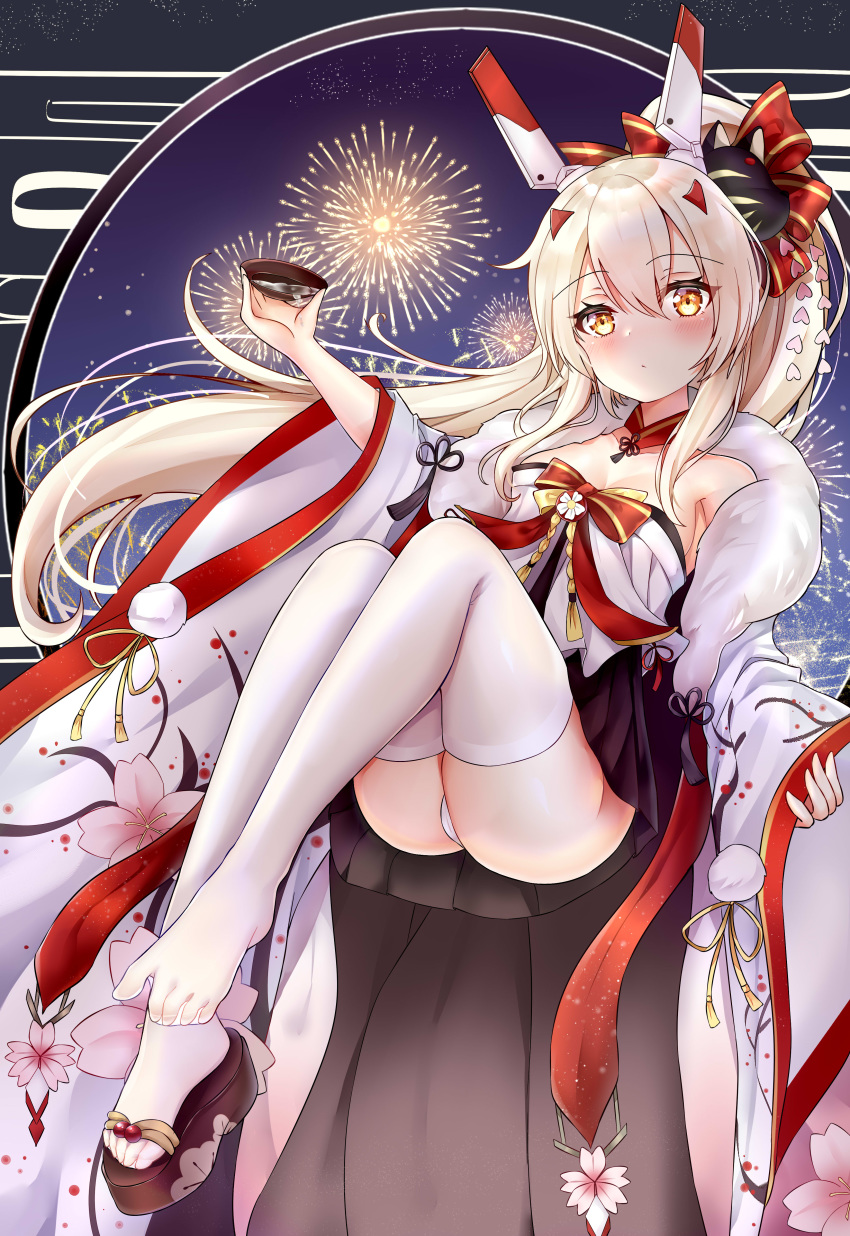 1girl absurdres alcohol ass ayanami_(azur_lane) azur_lane bare_shoulders black_hakama blonde_hair breasts cat_mask cleavage commentary_request cup detached_collar detached_sleeves expressionless fireworks full_body hair_between_eyes hair_ribbon hakama hakama_skirt headgear highres holding holding_cup japanese_clothes ju_(a793391187) kimono knees_up legs legs_together long_hair looking_at_viewer mask mask_on_head panties ponytail red_ribbon ribbon sakazuki sake sandal_removed small_breasts thighhighs thighs underwear very_long_hair white_kimono white_legwear white_panties wide_sleeves yellow_eyes