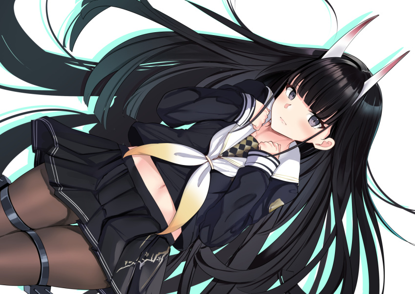 1girl azur_lane black_hair black_serafuku black_skirt brown_legwear closed_mouth gradient hair_spread_out hands_up long_hair long_sleeves looking_at_viewer midriff miniskirt navel neckerchief noshiro_(azur_lane) oni_horns pantyhose pleated_skirt purple_eyes sailor_collar school_uniform schreibe_shura serafuku shirt_overhang skirt solo thigh_strap very_long_hair white_background white_sailor_collar