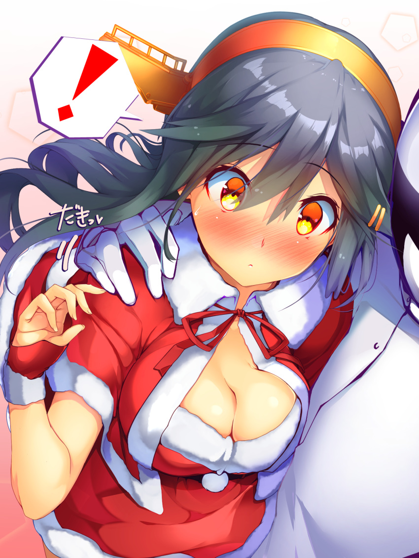 ! 1boy 1girl admiral_(kantai_collection) bangs black_hair blush breasts brown_eyes cleavage dress fur-trimmed_dress gloves hair_between_eyes hair_ornament hairband hairclip hand_up haruna_(kantai_collection) headgear highres hug jacket kantai_collection large_breasts long_hair military military_uniform red_dress remodel_(kantai_collection) sidelocks solo_focus spoken_exclamation_mark swept_bangs tsukui_kachou uniform white_gloves white_jacket