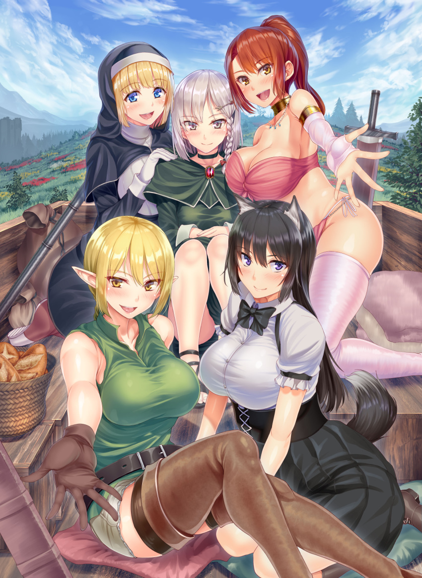 5girls :d animal_ears armlet baguette bandeau bangs bare_shoulders beckoning belt blue_sky blunt_bangs blush boots bow bowtie braid bread breasts brooch capelet choker cleavage collarbone corset day elbow_gloves elf eyebrows_visible_through_hair filia_shiora fingerless_gloves food foreshortening gloves habit hair_ornament hairclip high-waist_skirt highres isekai_harem_monogatari jewelry large_breasts llusse long_hair looking_at_viewer mila_micola multiple_girls necklace nun open_mouth outdoors pointy_ears ponytail shirt short_hair side_braid sitting skindentation skirt sky sleeveless sleeveless_shirt smile sword tachibana_omina tail thigh_boots thighhighs tianne_rutheim weapon white_gloves