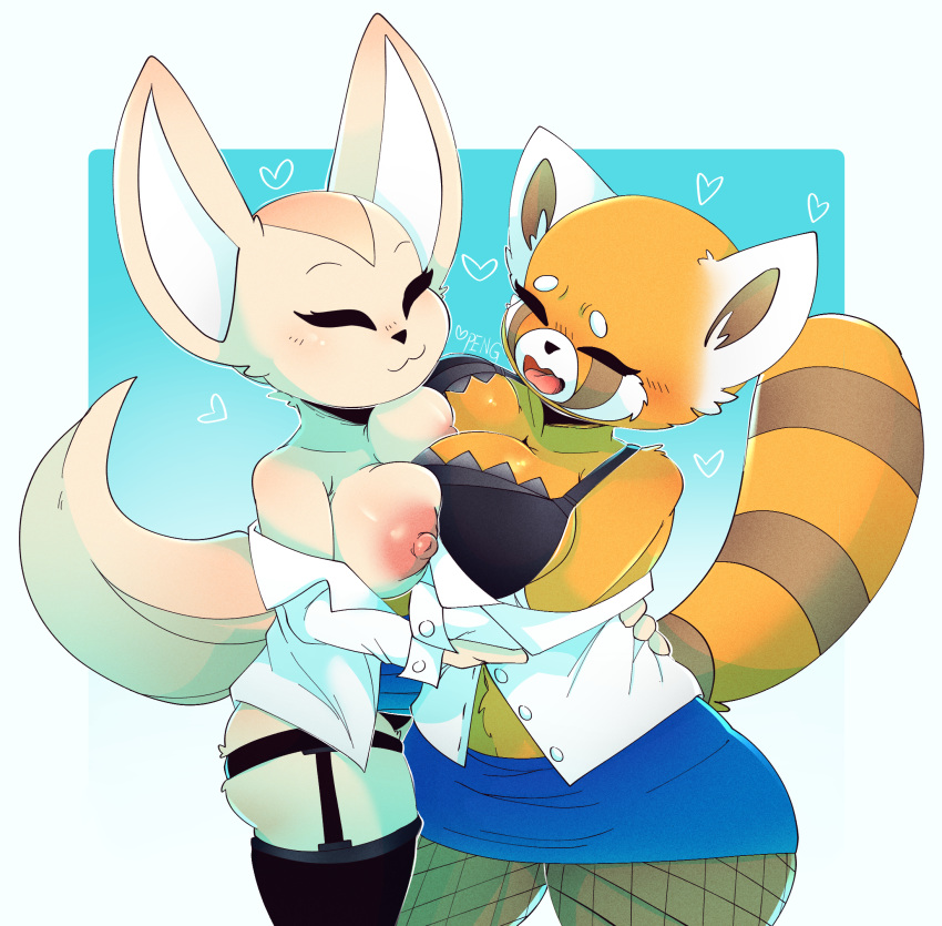 2019 :3 aggressive_retsuko ailurid anthro big_breasts blush breast_squish breasts breasts_frottage canid canine clothed clothing duo eyes_closed female female/female fennec fenneko fishnet fishnet_legwear fox fur hi_res legwear mammal nipples open_mouth peng red_panda retsuko sanrio simple_background squish topless