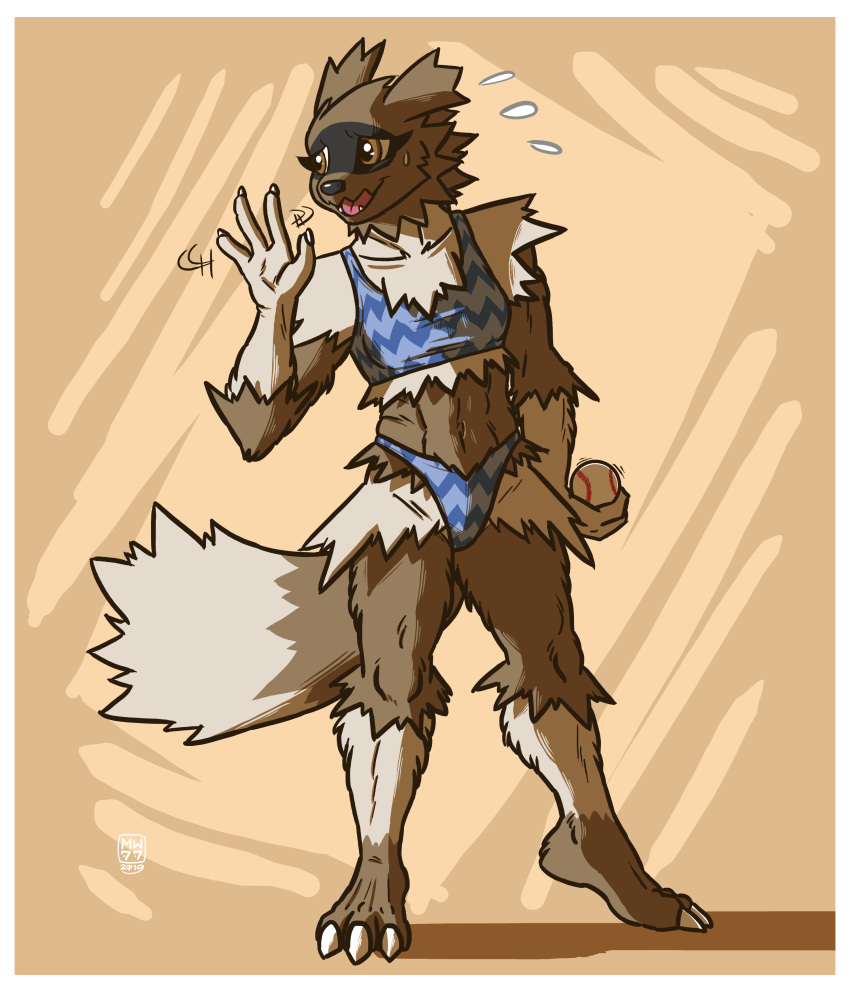 2019 3_toes 4_fingers absurd_res anthro ball baseball_(ball) blue_clothing bodily_fluids border breasts brown_body brown_fur claws clothed clothing collarbone facial_markings female fingers fur head_markings hi_res holding_ball holding_object markings mask_(marking) megawolf77 multicolored_body nintendo open_mouth pok&eacute;mon pok&eacute;mon_(species) sweat sweatdrop toe_claws toes tongue two_tone_tail video_games white_border zigzagoon