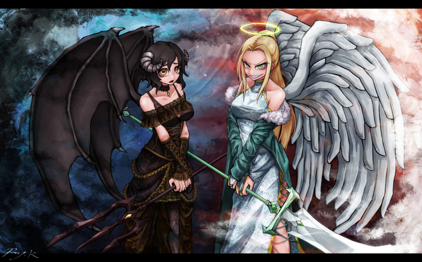 2girls angel angel_and_devil angel_wings bat_wings black_dress demon dress earrings fang goat_eyes green_eyes grin halo highres horns jewelry looking_at_viewer multiple_girls necklace personality_switch pitchfork polearm ray-k smile weapon white_dress wings