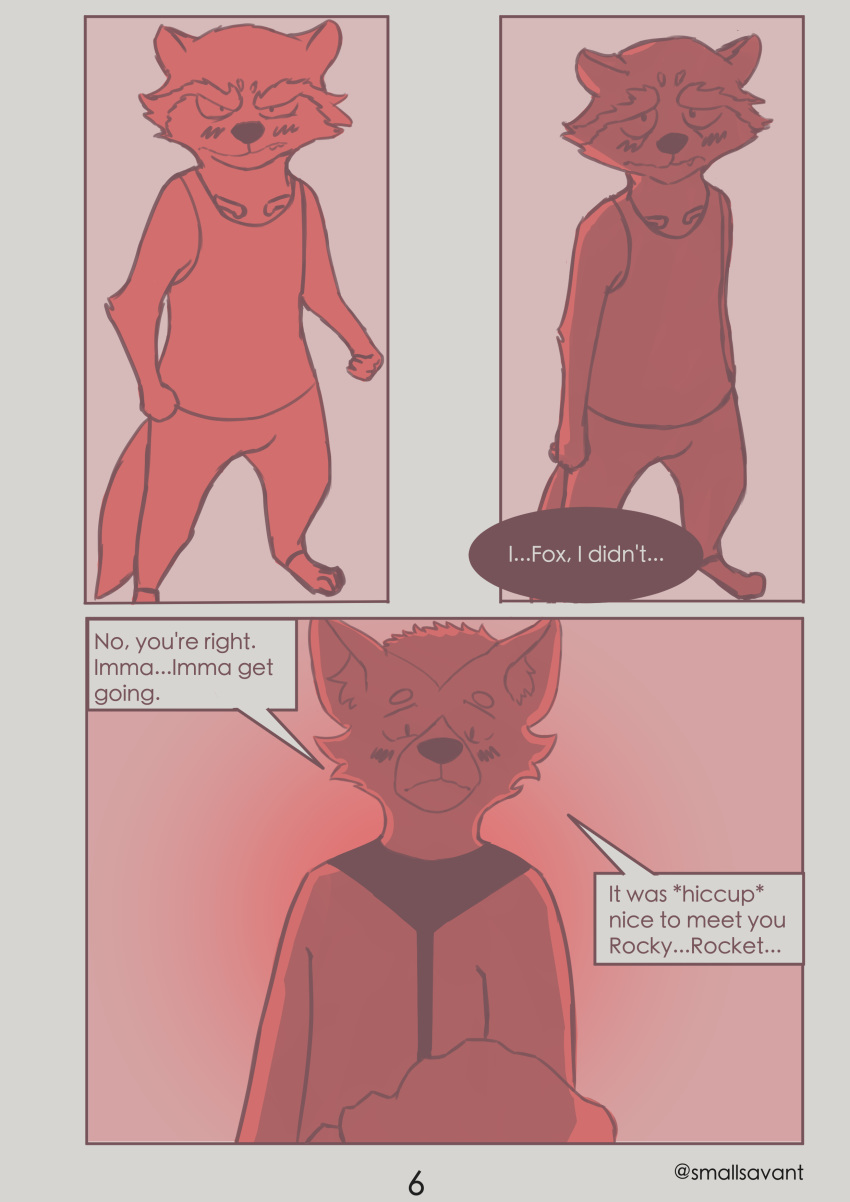 2019 absurd_res alcohol anthro beverage blush bottomwear brown_body brown_fur canid canine canis clothed clothing comic digital_media_(artwork) drunk duo english_text eyes_closed fox fox_mccloud fur guardians_of_the_galaxy hi_res humor jacket laugh male male/male mammal marvel nintendo open_mouth pants procyonid raccoon rocket_raccoon shirt simple_background smallsavant smile star_fox substance_intoxication teeth text topwear video_games white_body white_fur