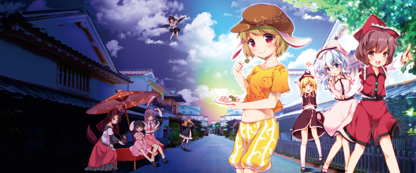 6+girls :d :o animal_ears arms_up barefoot black_dress black_footwear black_hair black_headwear black_skirt black_vest black_wings blonde_hair blue_eyes blue_hair blue_sky brown_hair brown_headwear building bunny_ears cloud commentary_request cowboy_shot crop_top dango day dress enjoy_mix feet_out_of_frame flat_cap floating food gradient_hair hand_up hat hijiri_byakuren holding holding_food holding_hands imaizumi_kagerou inaba_tewi index_finger_raised kneehighs long_hair long_sleeves looking_at_viewer lunasa_prismriver lyrica_prismriver mary_janes merlin_prismriver midriff miniskirt multicolored_hair multiple_girls navel necktie open_mouth orange_shirt oriental_umbrella outdoors pink_dress pink_hair pink_shirt pink_skirt plate puffy_short_sleeves puffy_sleeves purple_hair red_eyes red_headwear red_neckwear red_skirt red_umbrella red_vest reisen_udongein_inaba ringo_(touhou) sanshoku_dango shameimaru_aya shirt shoes short_hair short_sleeves shorts siblings sisters sitting skirt skirt_set sky smile socks standing stomach tail tokin_hat touhou umbrella vest wagashi white_legwear white_shirt wide_sleeves wings wolf_ears wolf_tail yellow_shorts