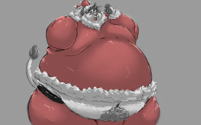 16:10 anthro belly big_belly blush christmas chubby_cheeks claws clothed clothing costume felid fur hat headgear headwear hi_res holidays lion male mammal mane moobs navel obese obese_male open_mouth overweight overweight_male pantherine saintdraconis santa_costume santa_hat santa_suit solo tail_tuft tuft wide_hips