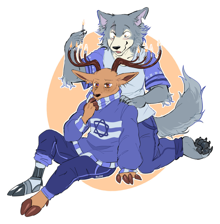 2019 anthro antlers arm_tuft barefoot beastars bottomwear brown_body brown_fur candle canid canine canis cervid cheek_tuft claws clothed clothing duo elbow_tufts facial_tuft fire fully_clothed fur grey_body grey_fur hanukkah hi_res holidays horn kneeling legoshi_(beastars) louis_(beastars) mammal maxpawb menorah notched_ear pants pawpads scarf shirt simple_background t-shirt toe_claws topwear tuft white_background wolf