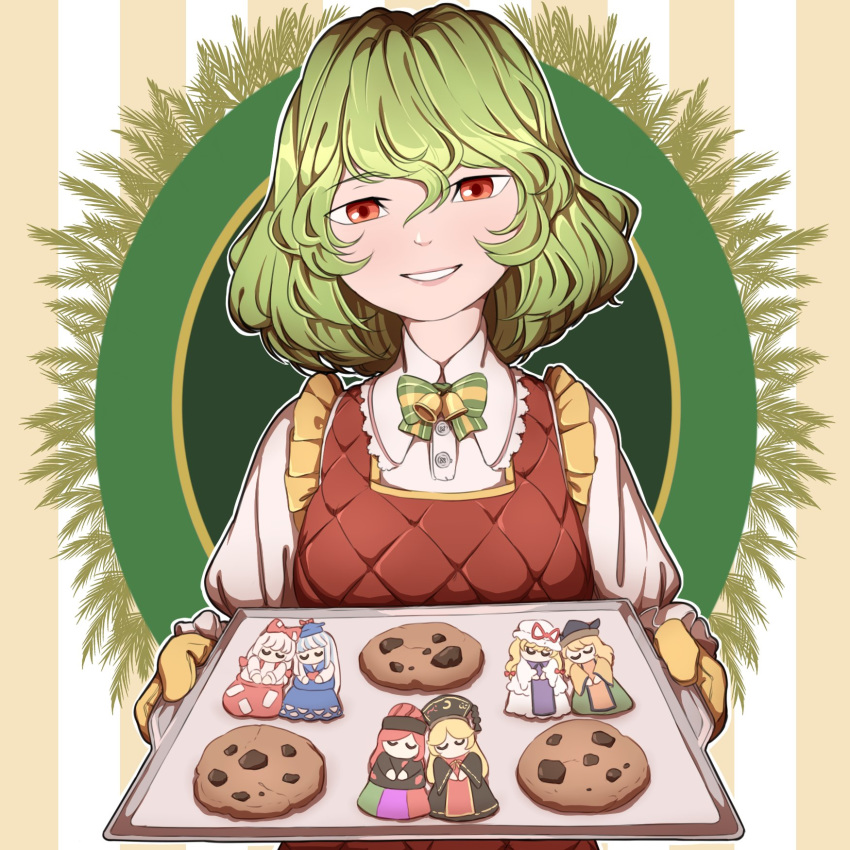 1girl bell blonde_hair bow bowtie chocolate_chip_cookie closed_eyes collared_shirt cookie food frying_pan fujiwara_no_mokou green_background green_hair hat hecatia_lapislazuli highres junko_(touhou) kamishirasawa_keine kazami_yuuka long_hair long_sleeves matara_okina mefomefo oven_mitts red_eyes red_hair red_vest shirt short_hair smile solo striped striped_background touhou vest wheat wheat_print white_hair white_shirt yakumo_yukari