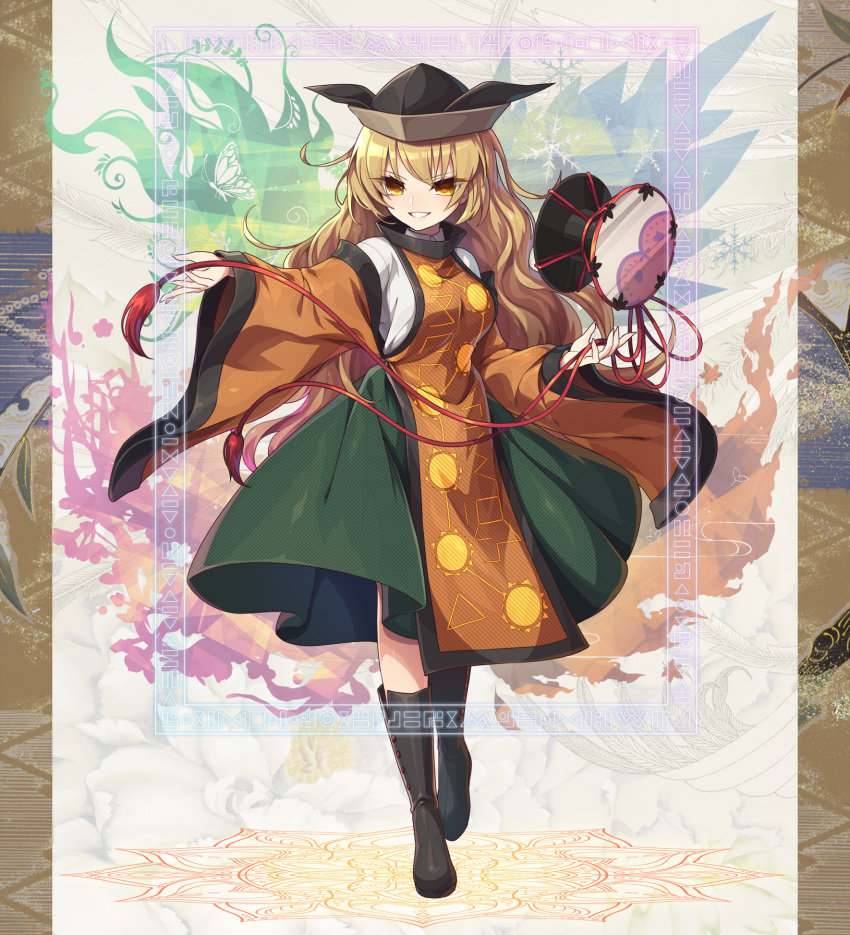 1girl autumn bangs black_headwear black_legwear blonde_hair boots border breasts collared_shirt commentary_request detached_sleeves eyebrows_visible_through_hair fingernails floral_background full_body green_skirt grin halftone highres knee_boots kozakura_(dictionary) layered_clothing long_hair long_sleeves looking_at_viewer matara_okina medium_breasts patterned_background seasons shiny shiny_clothes shiny_hair shirt sidelocks skirt smile solo spring_(season) standing summer sun_print symbol symbolism tabard touhou very_long_hair white_shirt wide_sleeves winter yellow_eyes