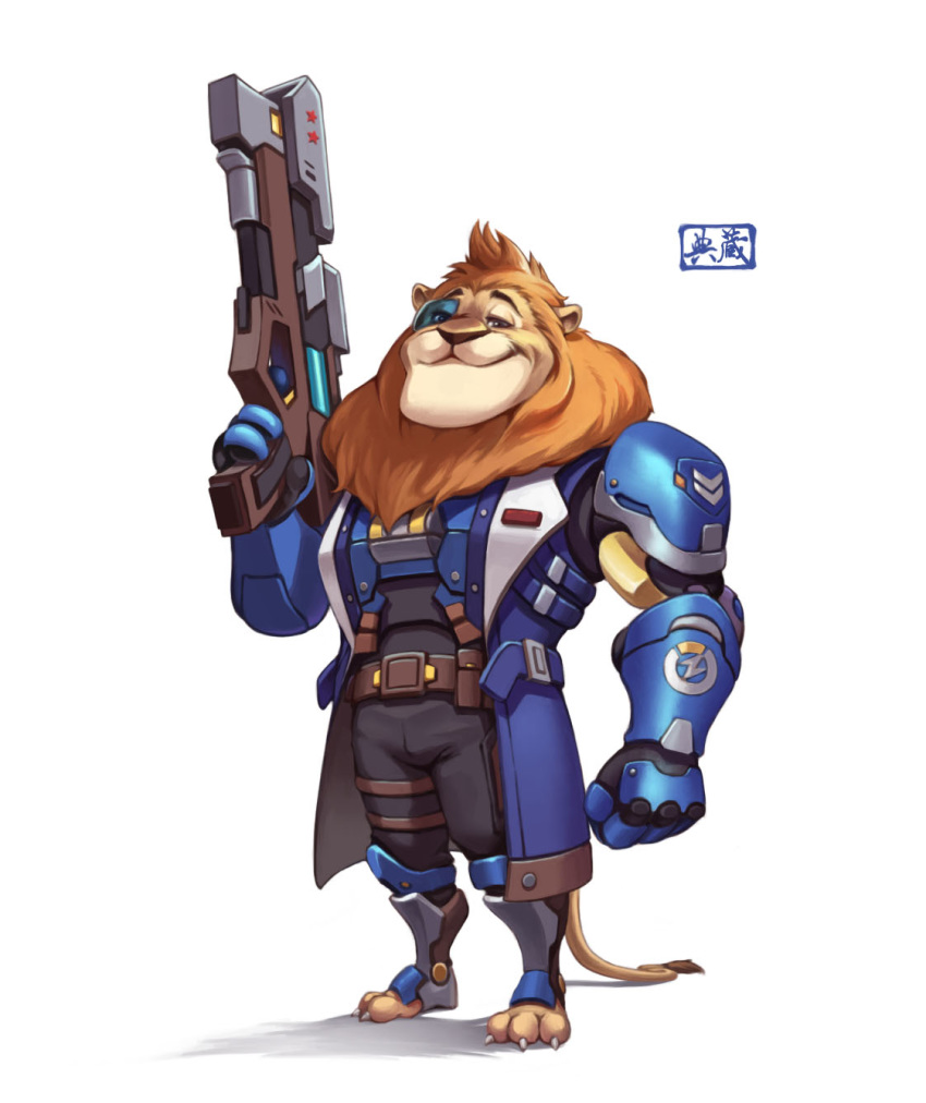 2017 anthro armor clothed clothing cosplay crossover crossover_cosplay disney felid fully_clothed fur head_tuft hi_res holding_gun holding_object holding_weapon leodore_lionheart lion mammal mane pantherine simple_background soldier_76_(overwatch) solo tan_body tan_fur tuft weapon white_background zootopia 杯具螺旋丸